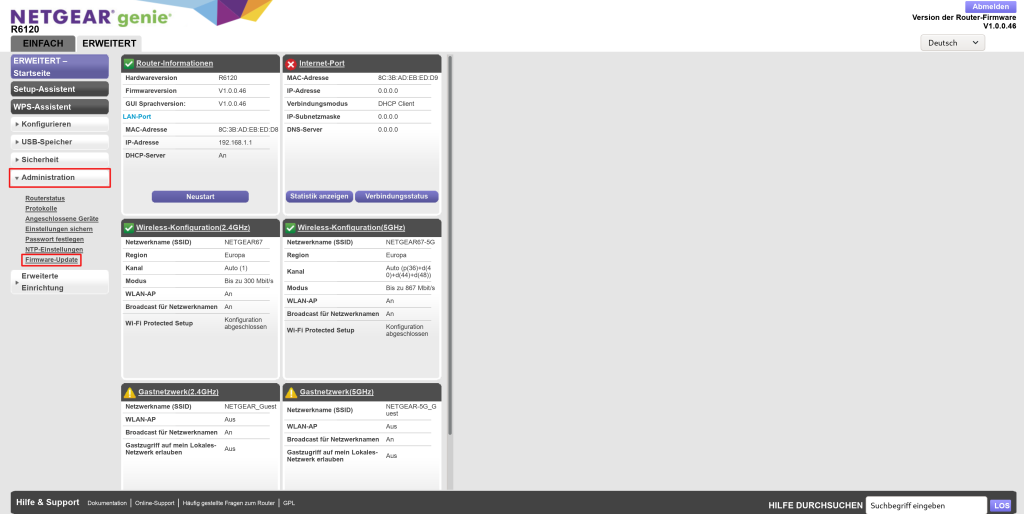 Bild: Screenshoot der WEB-UI der Routerkonfiguration Netgear 6120 